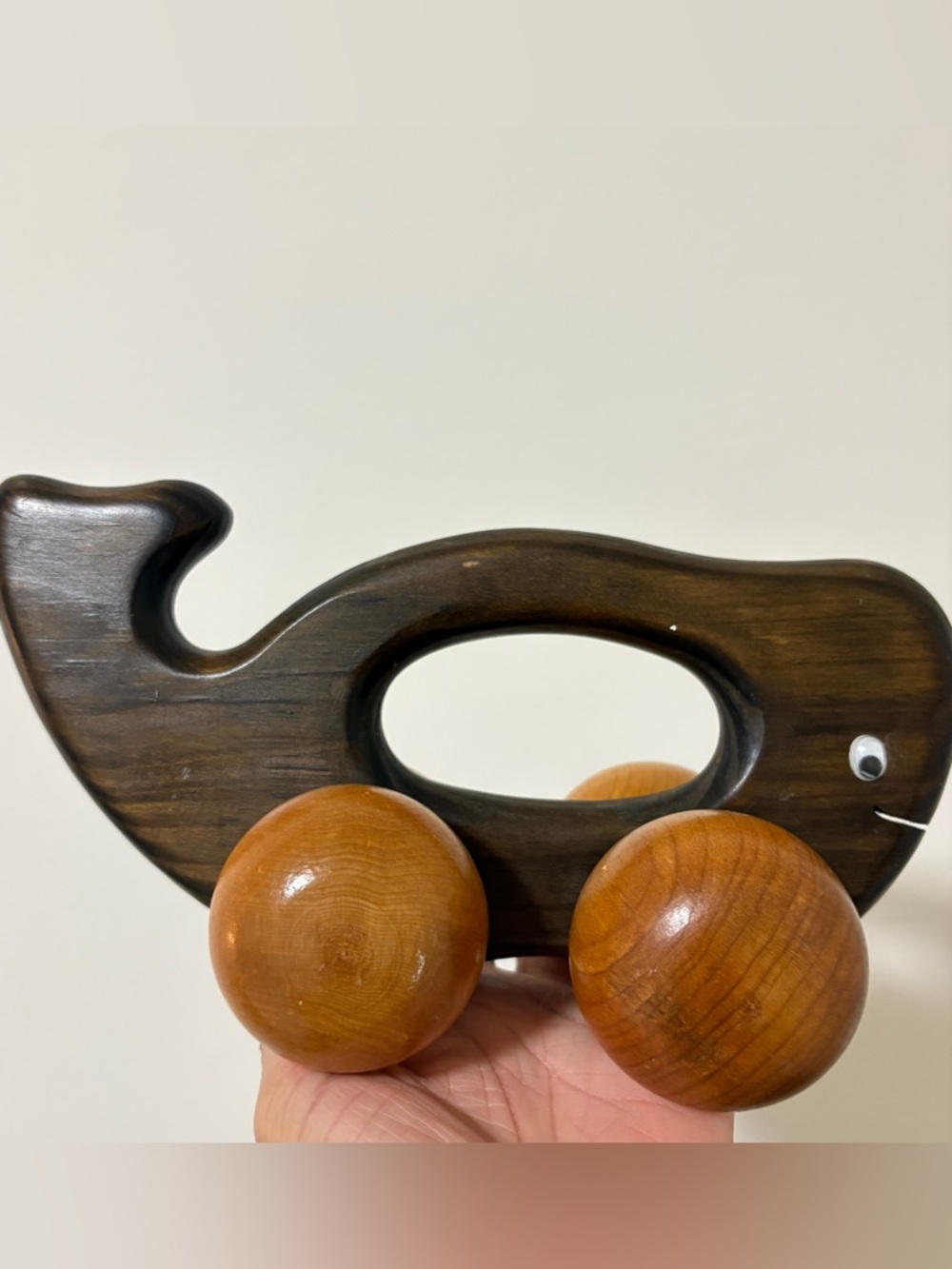 Wooden Whale Push Toy - Dark Brown Body with Honey Brown Wheels